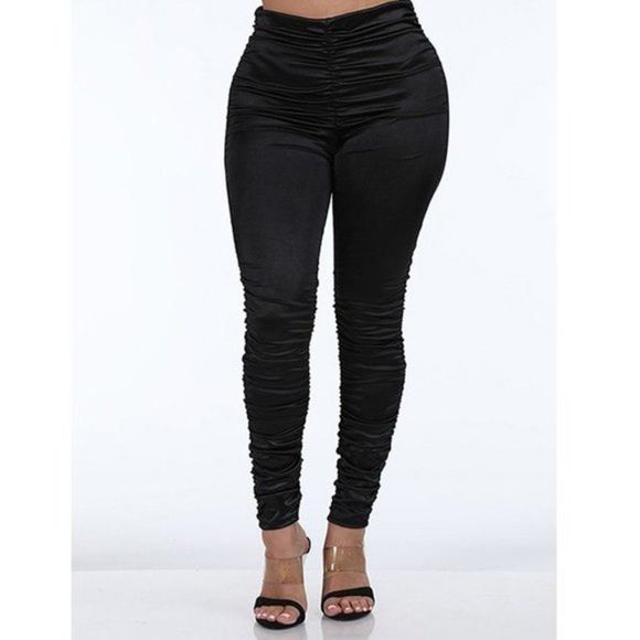 Black High Waist Satin Feel Ruched Leggings - Picture 1 of 3